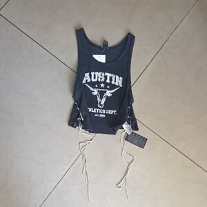 Austin Graphic Tank Side Rhinestones Chain Details - Black